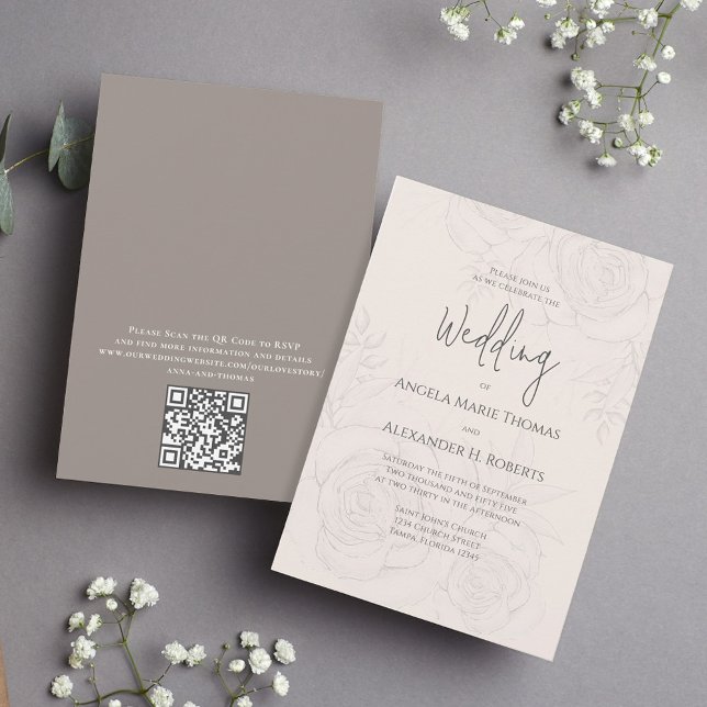 Blush Floral Elegant Einfach | QR-Code Einladung (Elegant blush floral wedding invitation with elegant calligraphy script. with QR Code. )
