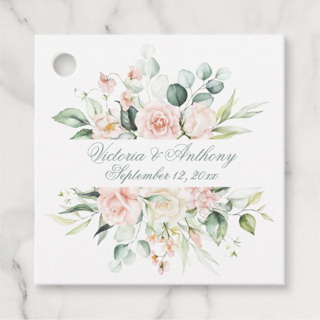 Blush Floral Eleganter Skriptname Hochzeit Geschenkanhänger (Vorderseite)