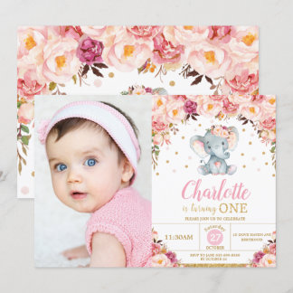 Blush Floral Elephant 1. Geburtstag Gold Foto Einladung
