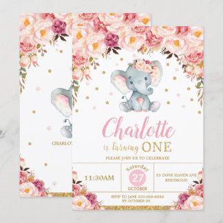 Blush Floral Elephant 1. Geburtstag Gold Glitzer Einladung