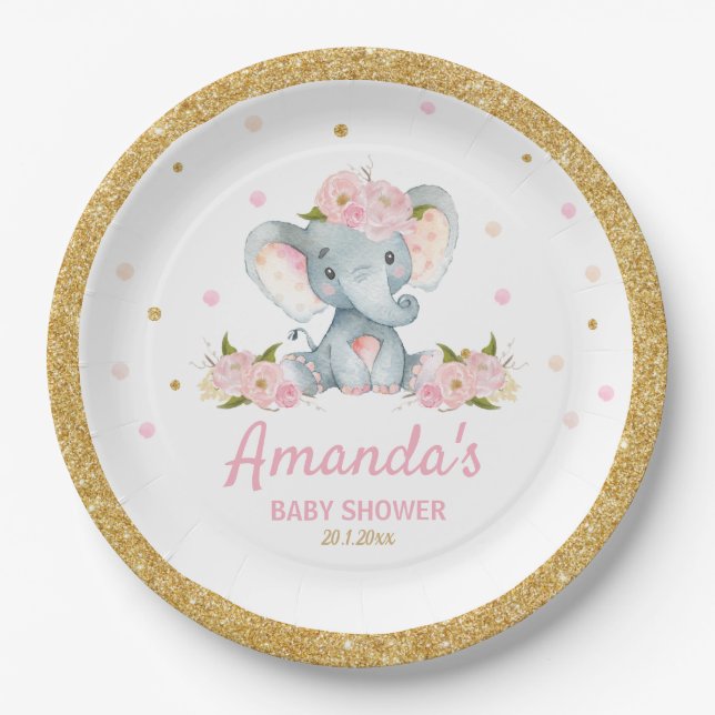 Blush Floral Elephant Baby Shower Girl Pappteller (Vorderseite)