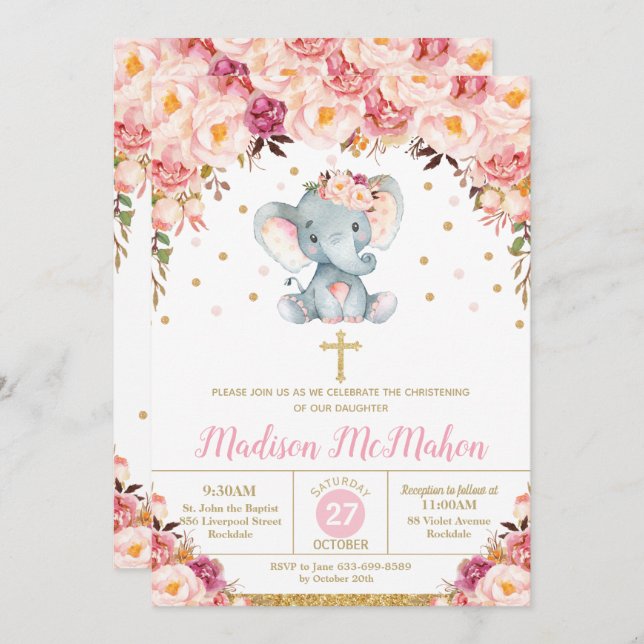 Blush Floral Elephant Christening Taufe Girl Einladung (Vorne/Hinten)