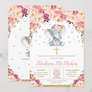 Blush Floral Elephant Christening Taufe Girl Einladung