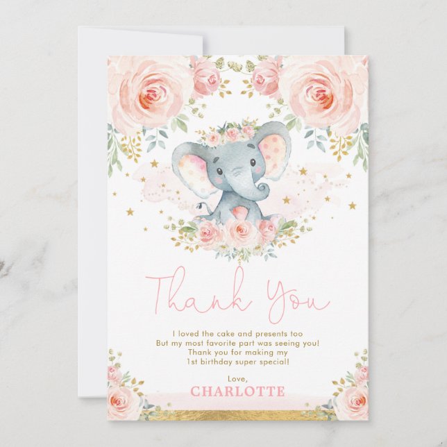 Blush Floral Elephant Geburtstag Danke Karte (Vorderseite)