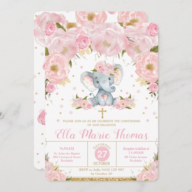 Blush Floral Elephant Taufen Einladung Girl (Vorne/Hinten)