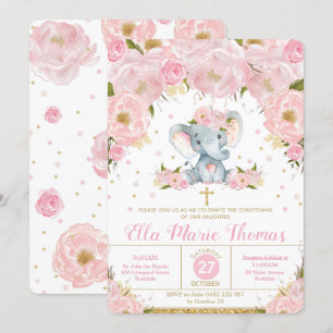 Blush Floral Elephant Taufen Einladung Girl