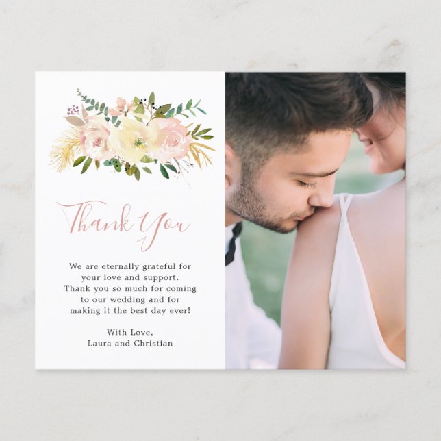 Blush Floral Foto Hochzeit Danke Karte (Vorderseite)