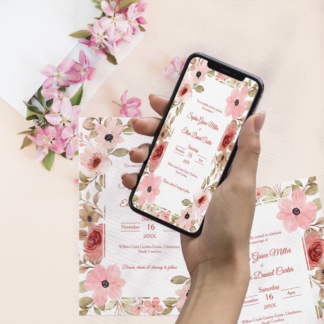 Blush Floral Garden Border Wedding Invitation Einladung (Blush Floral Garden Border Wedding Invitation)