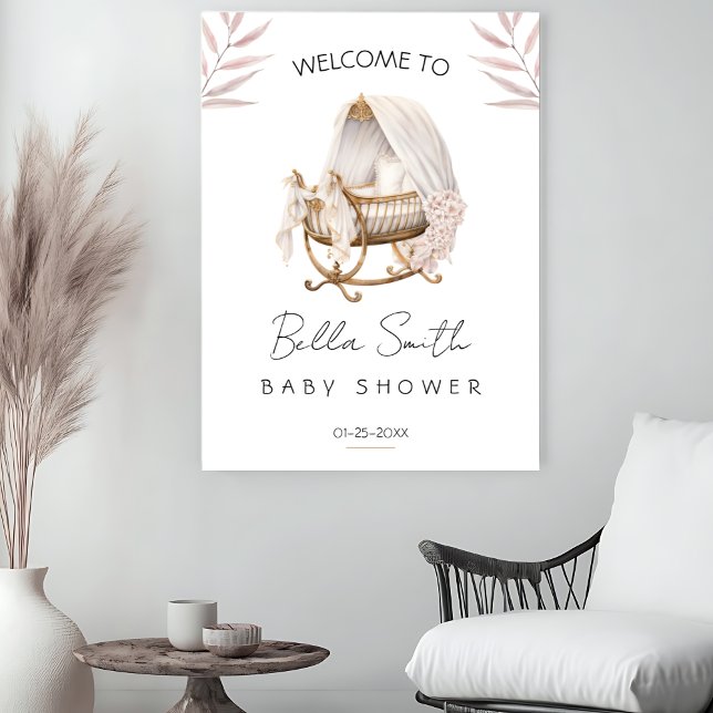Blush Floral Gold Bassinet Baby Shower Welcome Poster (Von Creator hochgeladen)