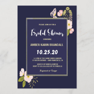 Blush Floral Gold Frame Navy Blue Brautparty Einladung