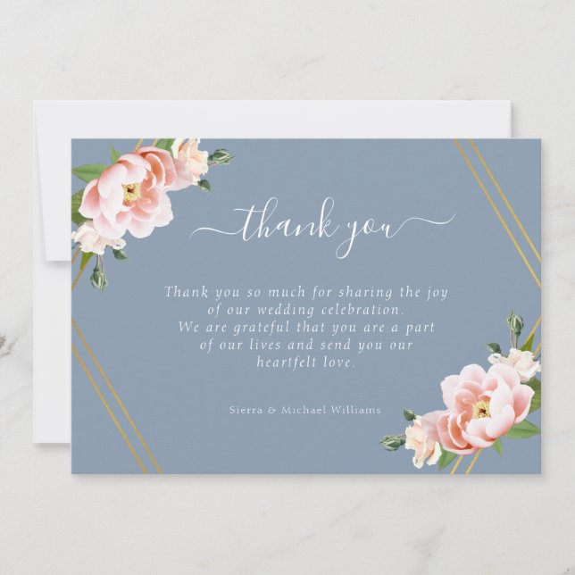 Blush Floral Gold Geometric Dusty Blue Wedding Dankeskarte (Vorderseite)