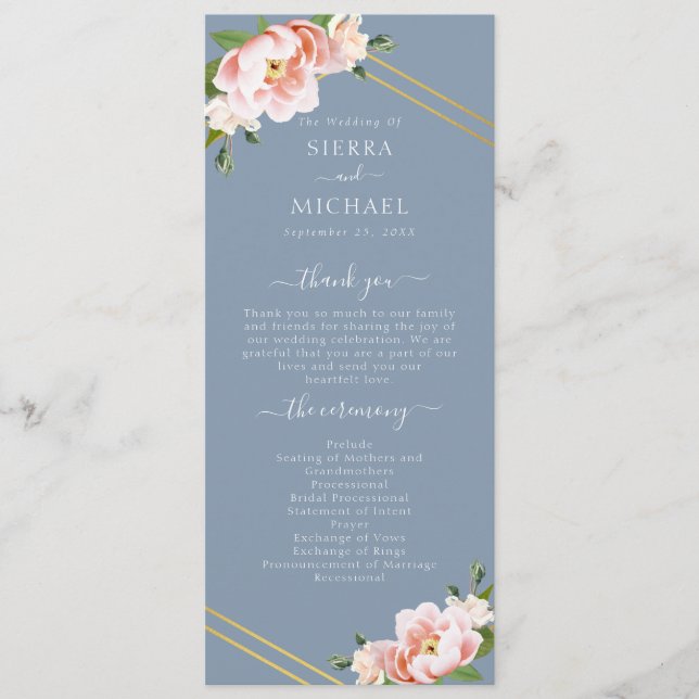 Blush Floral Gold Geometric Dusty Blue Wedding Programm (Vorderseite)