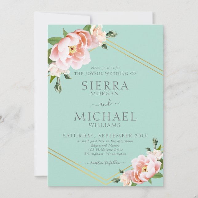 Blush Floral Gold Geometric Mint Green Wedding Einladung (Vorderseite)