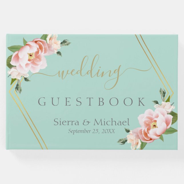 Blush Floral Gold Geometric Mint Green Wedding Gästebuch (Vorderseite)