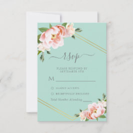 Blush Floral Gold Geometric Mint Green Wedding RSVP Karte