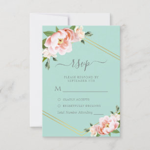 Blush Floral Gold Geometric Mint Green Wedding RSVP Karte