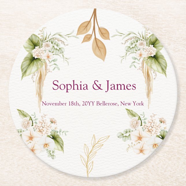 Blush Floral Gold Geometric wedding Runder Pappuntersetzer (Vorderseite)