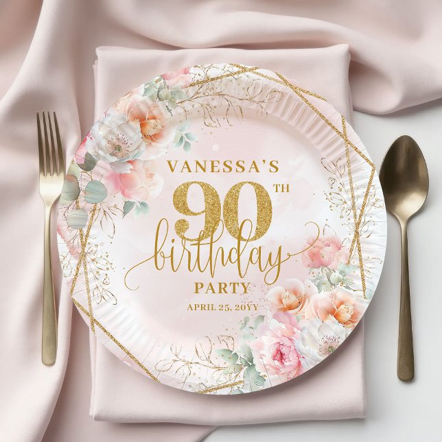 Blush Floral Gold Glitter Elegant 90th Birthday   Pappteller (Blush Floral Gold Glitter Elegant 90th Birthday Plates)