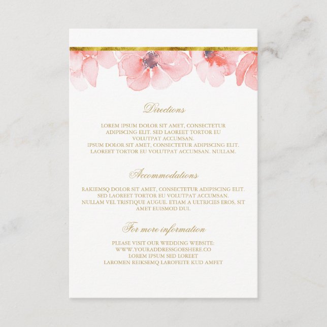 Blush Floral Gold Hochzeitsdetails - Informationen Begleitkarte (Vorderseite)