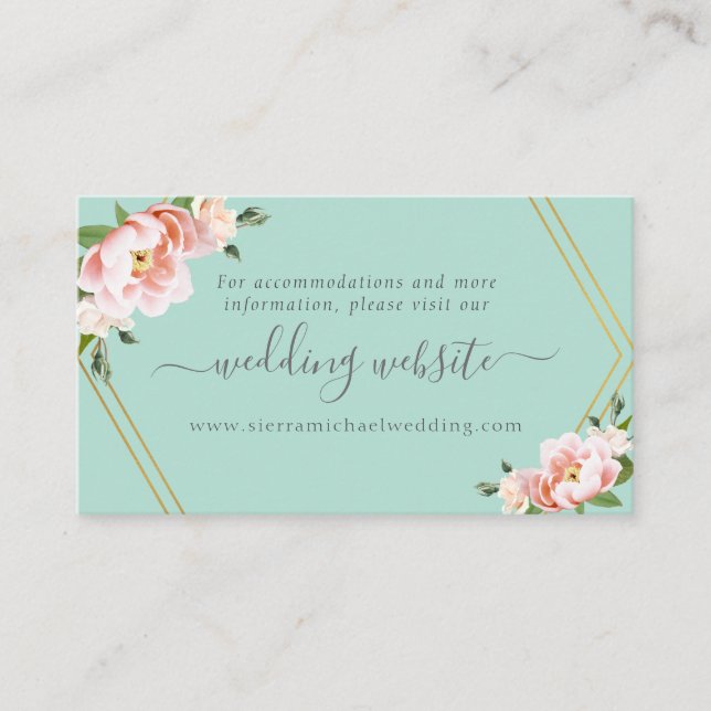 Blush Floral Gold Mint Green Wedding Website Begleitkarte (Vorderseite)