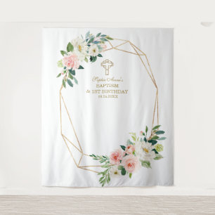 Blush Floral Gold Rahmen 1. Geburtstag Taufe Drop Wandteppich