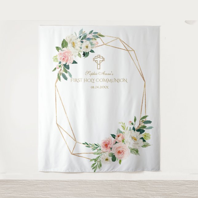 Blush Floral Gold Rahmen Heilige Kommunion Hinterg Wandteppich (Vorderseite)