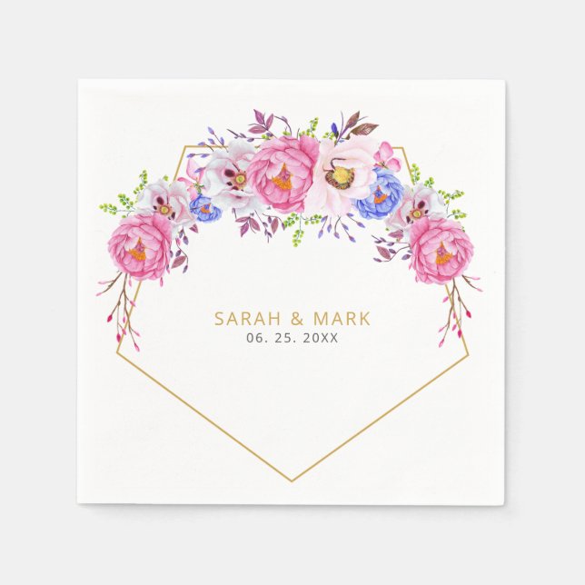 Blush Floral Gold Rahmen Hochzeitspapier Napkin Serviette (Vorderseite)
