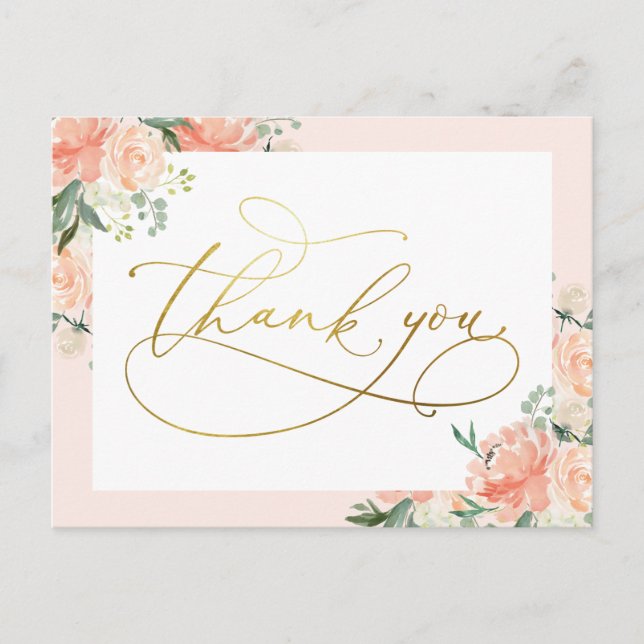 Blush Floral & Gold Script Vielen Dank Postkarte (Vorderseite)