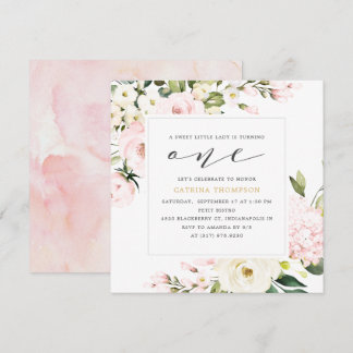 Blush Floral Greenery Girl 1. Geburtstag Party Einladung
