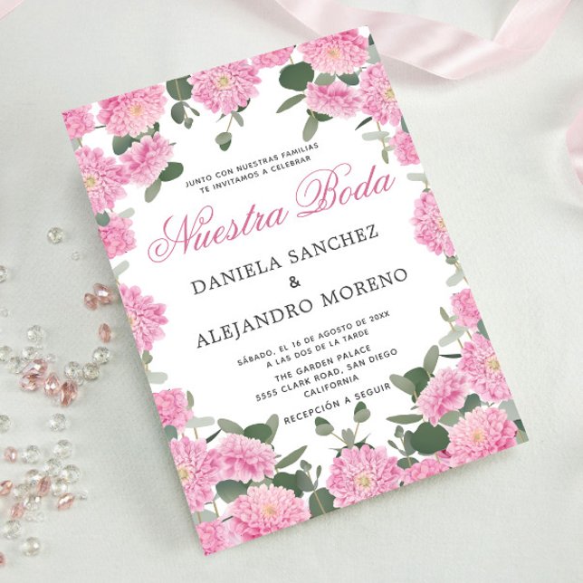 Blush Floral Greenery Nuestra Boda Spanish Wedding Einladung (Von Creator hochgeladen)