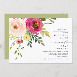 Blush Floral, Grün, Hochzeitsessen Probe Einladung