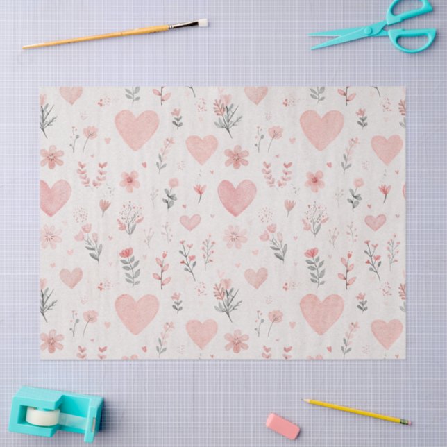 Blush Floral Heart Pattern Tissue Paper Seidenpapier (Basteln)