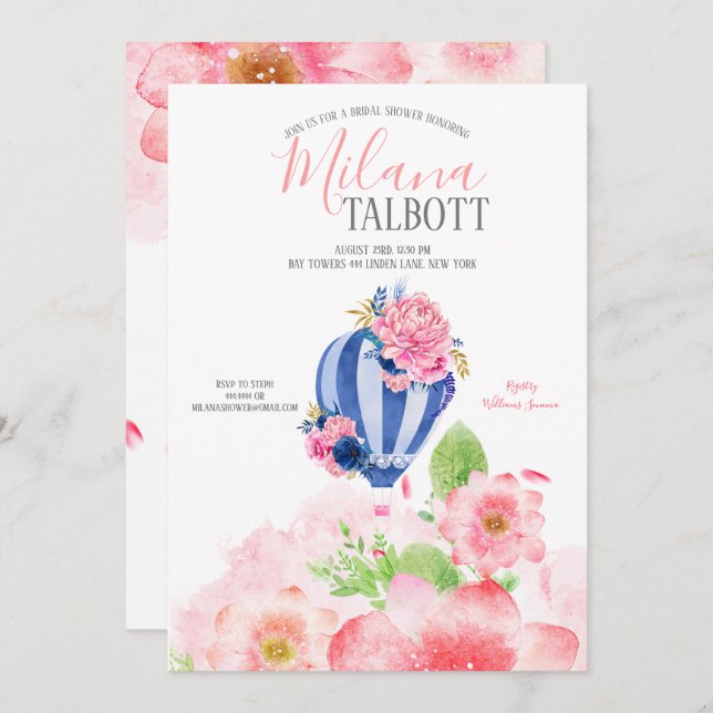 Blush Floral Hot Air Ballon Brautparty Einladung (Vorne/Hinten)