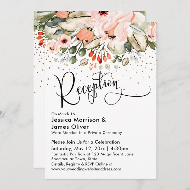 Blush Floral Imitate Gold Confetti Hochzeitsempfan Einladung (Vorne/Hinten)