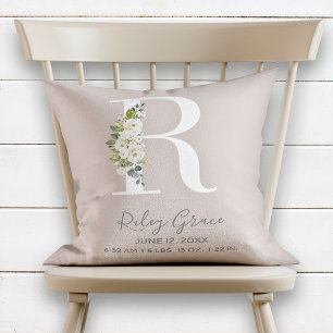 Blush Floral Letter R Monogram Baby Birth Stats Kissen