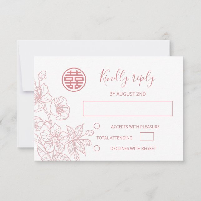 Blush Floral Line Art Chinese Wedding RSVP (Vorderseite)