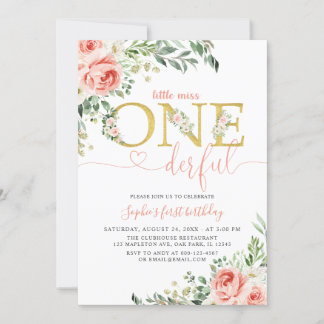 Blush Floral Little Onederful Girl 1. Geburtstag Einladung