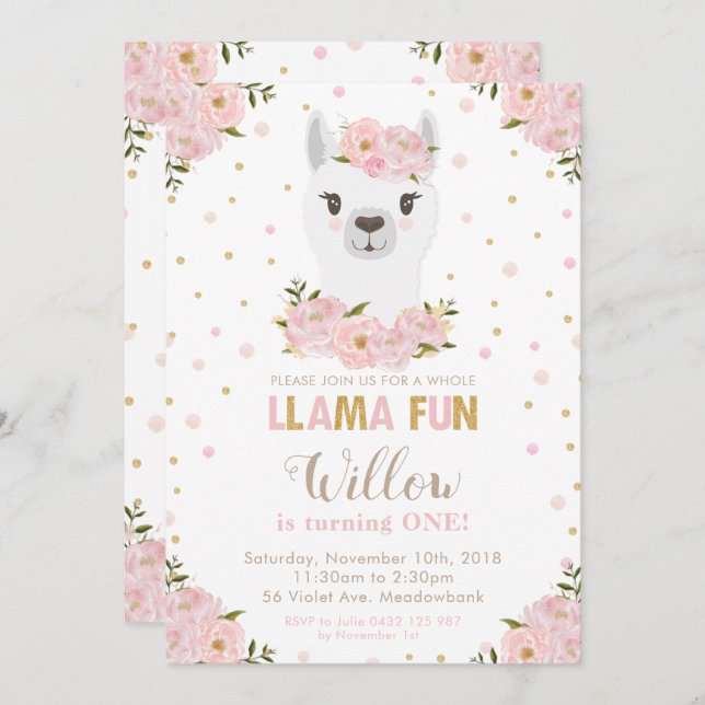 Blush Floral Llama Birthday Einladung (Vorne/Hinten)