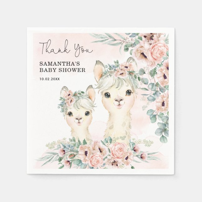 Blush Floral Llama Mama Eucalyptus Baby Showroom Serviette (Vorderseite)