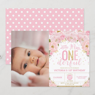 Blush Floral Miss Onederful 1. Geburtstag Foto Einladung