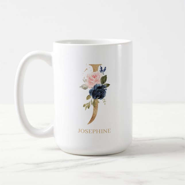 Blush Floral Monogram Letter "J" Personalisiert Kaffeetasse (Links)