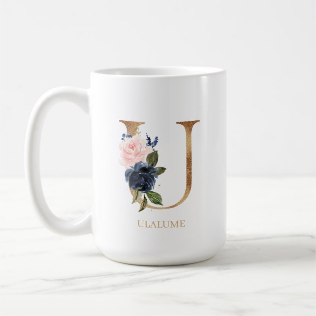 Blush Floral Monogram Letter "U" Personalisiert Kaffeetasse (Links)