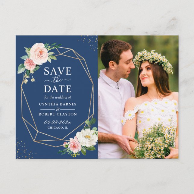 Blush Floral Navy Blue Geframe Save the Date Postkarte (Vorderseite)