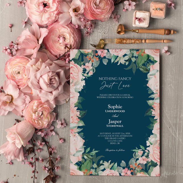 Blush Floral Navy Einfache Extravagante Hochzeit Einladung (Von Creator hochgeladen)