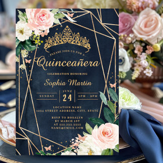 Blush Floral Navy Geometric Butterfly Quinceanera Einladung