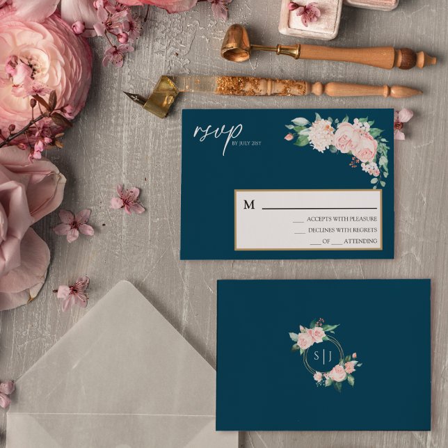 Blush Floral Navy Hochzeit einfache RSVP-Karte RSVP Karte (Von Creator hochgeladen)