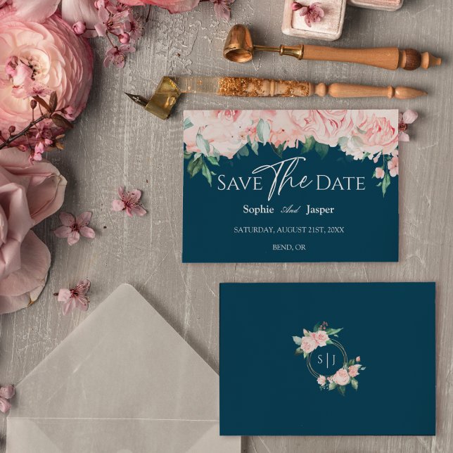Blush Floral Navy Hochzeitsflache Save the Date (Von Creator hochgeladen)
