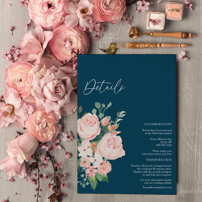 Blush Floral Navy Hochzeitskarte Begleitkarte (Von Creator hochgeladen)