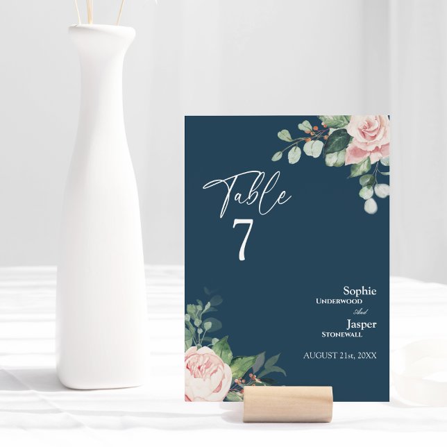 Blush Floral Navy Hochzeitskarte Tischnummer (Von Creator hochgeladen)