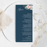 Blush Floral Navy Hochzeitsmenü Menükarte<br><div class="desc">Dieses blühende, blumengeschmückte Hochzeitsmenü der Marine besticht durch seinen eleganten klassischen Hintergrund in Pastellrosa und Marineblau mit schlichter moderner Typografie und eleganter Kalligraphie. Set ist für jeden Veranstaltungsstil ein ausgeklügelter Ton. Jedes Produkt ist mit wunderschönen, rosa Rosen mit üppigen Rosen und pfirsichfarbenen und elfenbeinigen Hydrangeas, die mit üppigen Eukalyptus- und...</div>